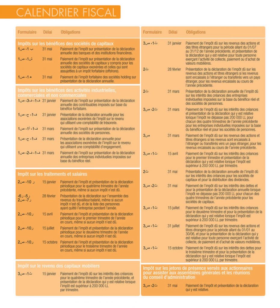 Calendrier fiscal – Aldic – Lebanon